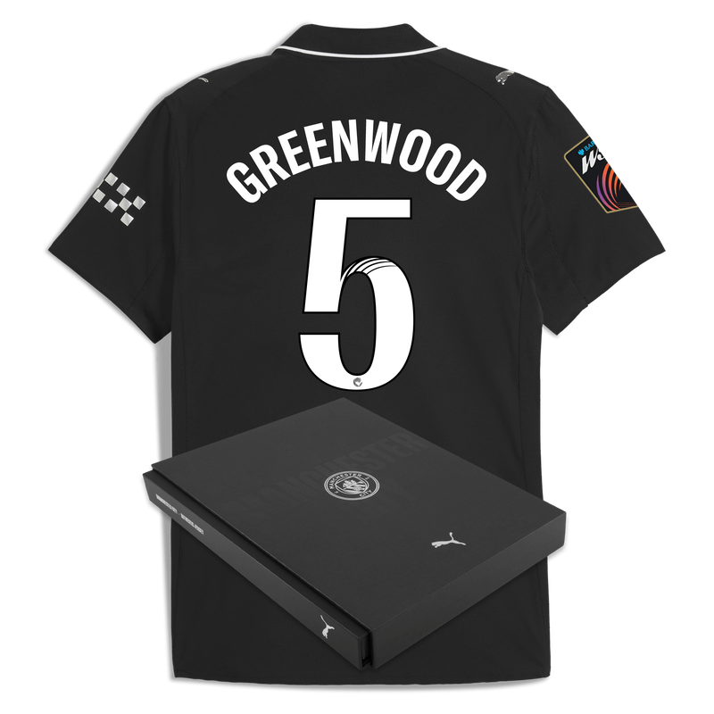 Man City Away Authentic Jersey 2025/26 With GREENWOOD 5 Printing in Gift Box black - Check out all Manchester City t-shirts online